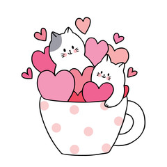 Cartoon cute Valentines day white cats and many hearts in cup coffee vector.