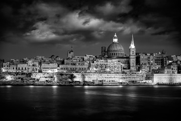 Fototapeta na wymiar Valletta Skyline at Sunset, Malta Black and White Photography