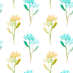 Abstract Floral seamless pattern with hand drawn leaves and plants. Line art sketch style. Colourful vector background on white