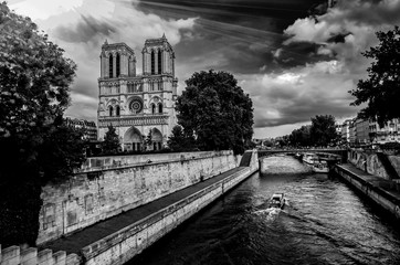 Notre-Dame Cathedral in Paris France with Siene River Black and White Photography