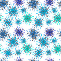Floral abstract seamless pattern with blue hand drawn flowers. Winter illustration on white.