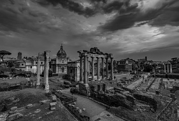 Roman Forum at Sunset Architecture in Rome City Center Black and White Photography