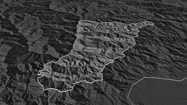 Tsirang, district with its capital, zoomed and extruded on the bilevel map of Bhutan in the conformal Stereographic projection. Animation 3D