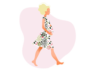 Pregnant woman walking. Active well fitted pregnant female character. Happy pregnancy. Yoga and sport for pregnant. Flat cartoon vector illustration. Pink color
