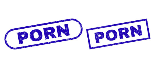 Blue rectangle and rounded PORN watermark. Flat vector scratched seals with PORN phrase inside rectangle frame and rounded rectangle frames. Watermark with corroded texture, on a white background.