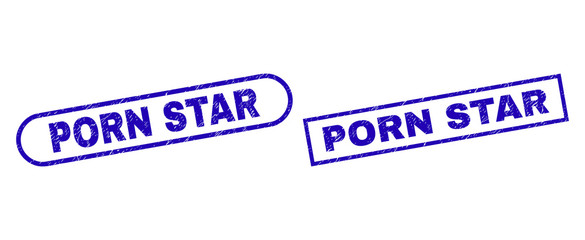Blue rectangle and rounded PORN STAR seal. Flat vector distress stamps with PORN STAR text inside rectangle frame and rounded rectangle frames. Rubber imitation with distress surface,