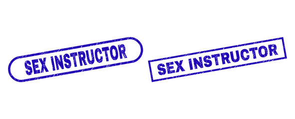 Blue rectangle and rounded SEX INSTRUCTOR watermark. Flat vector grunge seals with SEX INSTRUCTOR text inside rectangle frame and rounded rectangle frames. Imprint with grunge surface,
