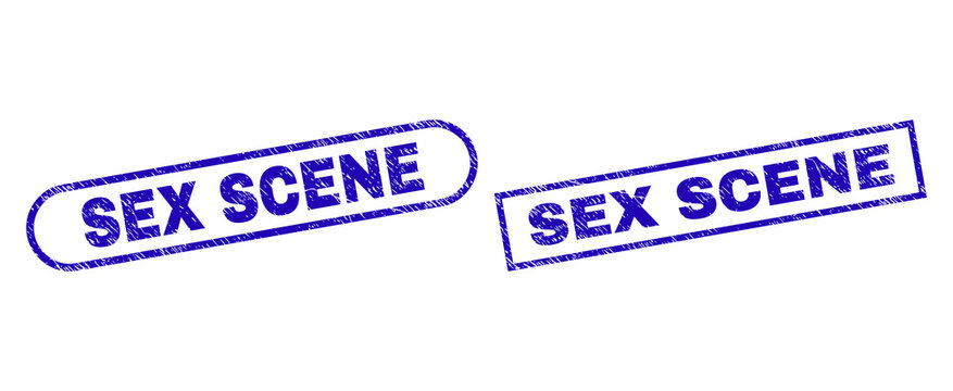Blue rectangle and rounded SEX SCENE seal stamp. Flat vector textured seal stamps with SEX SCENE phrase inside rectangle frame and rounded rectangle frames. Watermark with unclean surface,