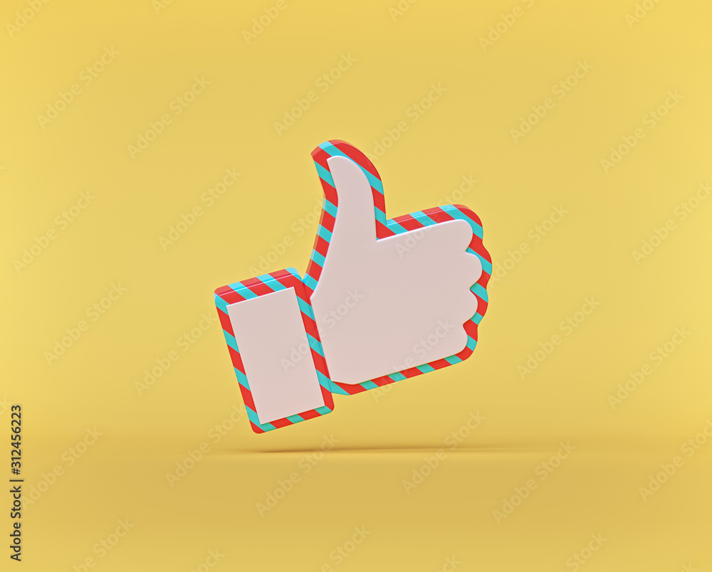 Poster thumbs up icon or like button with shadow isolated on pastel background. modern minimal symbol. soci