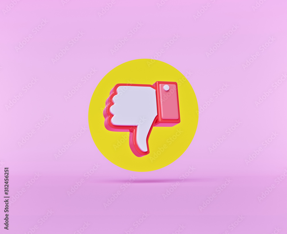 Poster thumbs down button or dislike button with shadow isolated on pastel pink background. modern minimal 