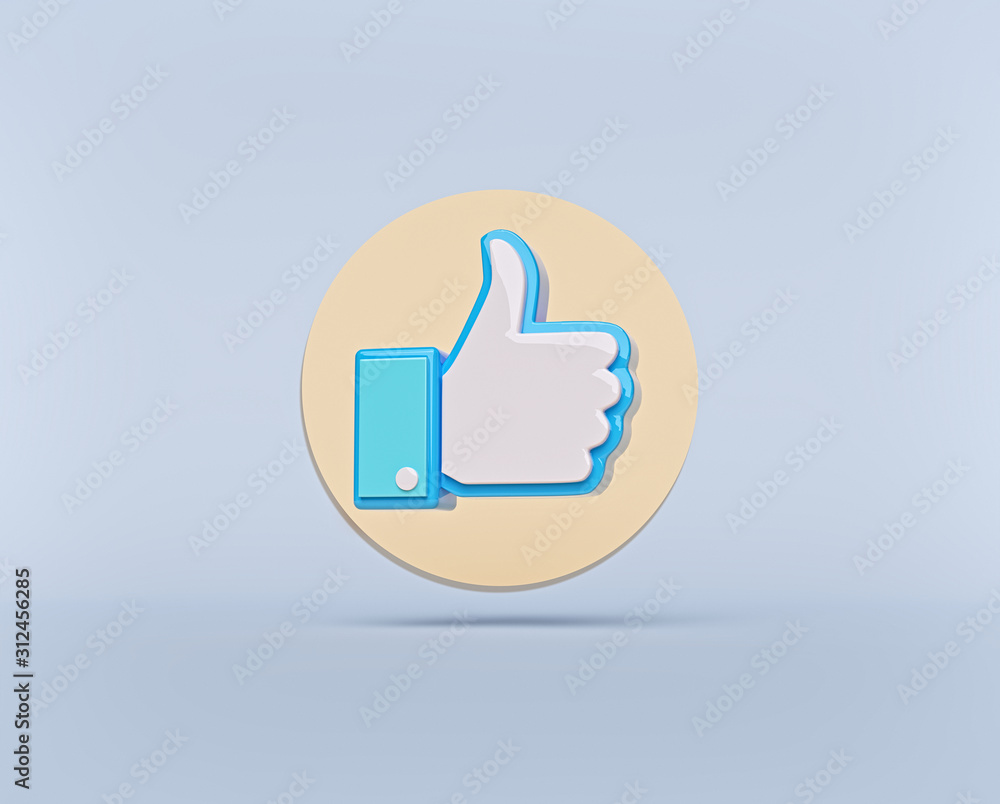 Poster thumbs up button or like button with shadow isolated on pastel blue background. modern minimal symbo