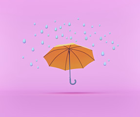 water drops and umbrella isolated on pastel pink background. Rainy season concept. minimal style design. 3d rendering