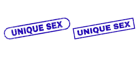 Blue rectangle and rounded UNIQUE SEX seal. Flat vector distress seal stamps with UNIQUE SEX message inside rectangle frame and rounded rectangle frames. Rubber imitation with unclean style,