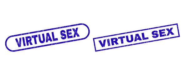 Blue rectangle and rounded VIRTUAL SEX watermark. Flat vector grunge seals with VIRTUAL SEX title inside rectangle frame and rounded rectangle frames. Watermark with grunge surface,