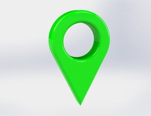 LOCATION pin glossy green arrow. The concept of tagging a sign landmark needle tip to create a route search. Isolated on white background 3D rendering 3D. – Illustration  