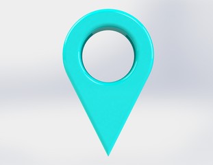 LOCATION pin glossy blue arrow. The concept of tagging a sign landmark needle tip to create a route search. Isolated on white background 3D rendering 3D. – Illustration  