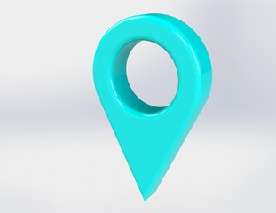 LOCATION pin glossy blue arrow. The concept of tagging a sign landmark needle tip to create a route search. Isolated on white background 3D rendering 3D. – Illustration  