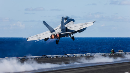 USS Ronald Reagan operates off the coast of Rockhampton, Australia during Exercise Talisman Sabre.  A F/A-18 Super Hornet is catapulted off the deck