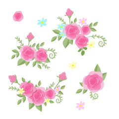 Cute cartoon set of roses flowers. Vector illustration