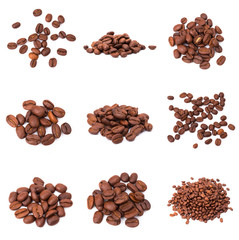 collage of Coffee beans isolated on a white background area for copy space.