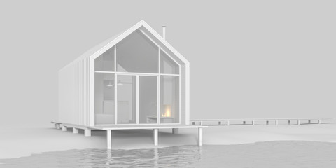 The project of a modern small cottage house in Scandinavian eco-friendly Northern style with a high roof on the lake in white materials with daylight, 3D illustration.  Stock illustration.