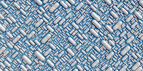 A pattern of many pills scattered on a colored background evenly at different angles. 3D illustration