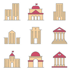 set real estate building line business icon pack with apartment, office, bank, hospital, hotel, and government vector flat design