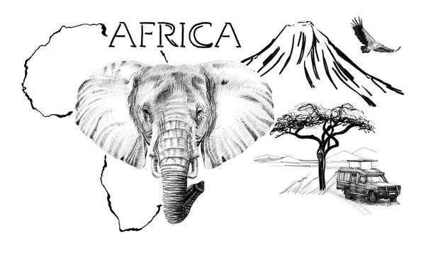 Elephant portrait on Africa map background with Kilimanjaro mountain, vulture and car