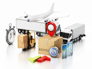 Global transportation concept with vehicles and boxes. 3D illustration