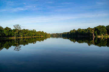 Fototapeta na wymiar Reflection of trees in water lake Cambodia