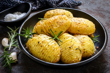 Roasted Hasselback Potatoes with Garlic Rosemary and Salt