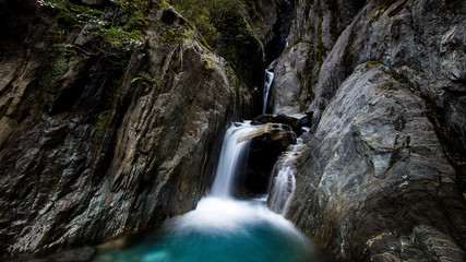 12 September 2016 - Franz Josef glacier, New Zealand - Waterfall near the base of Franz Josef...