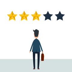 Businessman in suit give a review. Evaluation concept. Feedback. Vector illustration in flat design.