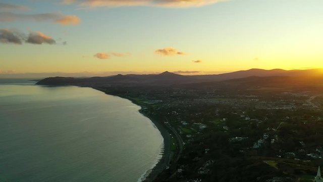 Killiney Bay, Dublin, Ireland, Sunset, December, Drone Pulls Backwards