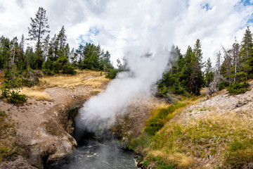 The landscape nature and world famouse geyser in Yellowstone national park in Wyoming , United States of America