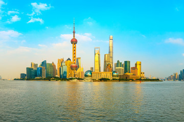 Sunset beautiful city skyline and river in Shanghai