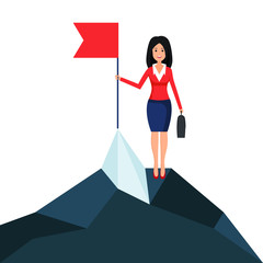 Successful mission concept. Flag on the peak. Vector illustration in flat design.