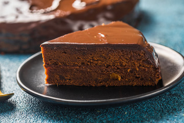 cake slice. Traditional Austrian chocolate dessert. Homemade baking. Selective focus, close-up.