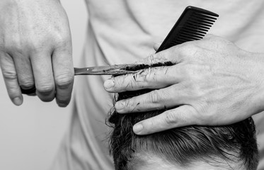 Hairdresser cuts the hair of a boy with scissors