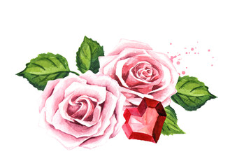 Love and romance. Rose flowers and ruby crystal heart. Wedding concept. Watercolor hand drawn illustration, isolated on white background