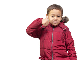 The boy in winter jackets on a white background
