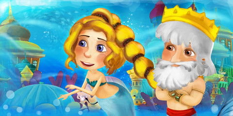 Fototapeta premium Cartoon ocean and the mermaid princess in underwater kingdom swimming and having fun - illustration for children