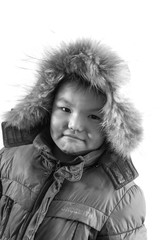 black white photo boy in winter jackets on a white background