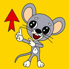 emoticon with a smiling cool mouse, which shows two index fingers up and to the arrow, vector clip art