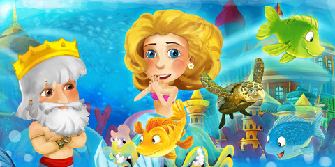 Cartoon ocean and the mermaid in underwater kingdom swimming with fishes and having fun - illustration for children