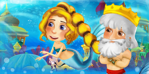 Cartoon ocean and the mermaid princess in underwater kingdom swimming and having fun - illustration for children