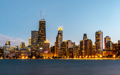 Fototapeta na wymiar Panoramic view of Chicago waterfront during sunset times from North avenue beach in Chicago , Illinois , United States of America