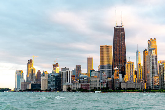 Panoramic view of Chicago waterfront during sunset times from North avenue beach in Chicago , Illinois , United States of America