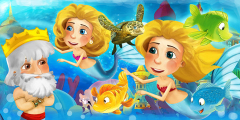 Fototapeta premium Cartoon ocean and the mermaid in underwater kingdom swimming with fishes and having fun - illustration for children