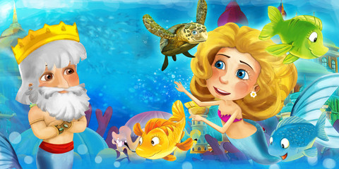 Fototapeta premium Cartoon ocean and the mermaid in underwater kingdom swimming with fishes and having fun - illustration for children
